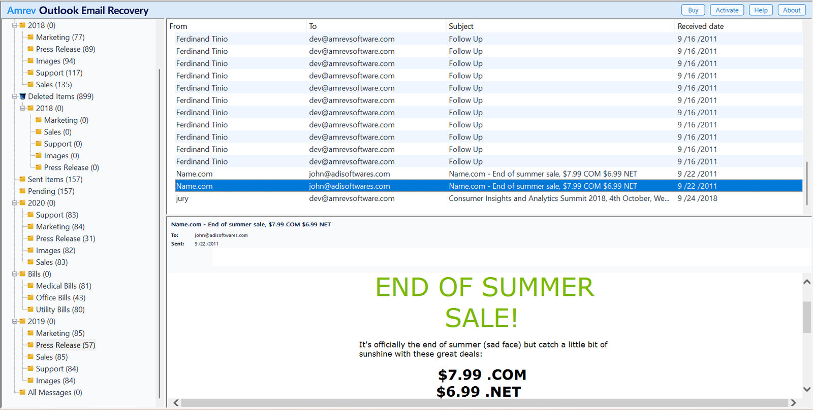 Recovered Outlook PST folders, messages, and email preview in Amrev Outlook Email Recovery